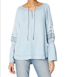 Kendi Embroidered Bell Sleeve Chambray Top